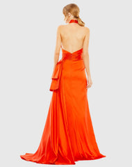 Orange Halter Neck Ruffle Side Slit Gown