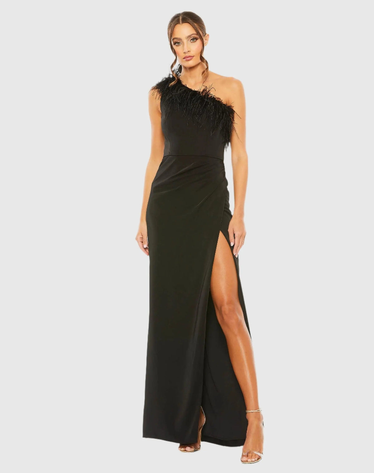 Black One Shoulder Feather Trim Gown