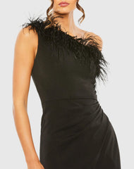 Black One Shoulder Feather Trim Gown