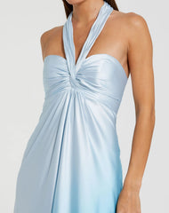 Blue Charmeuse Tie Halter Neck Ombre Gown
