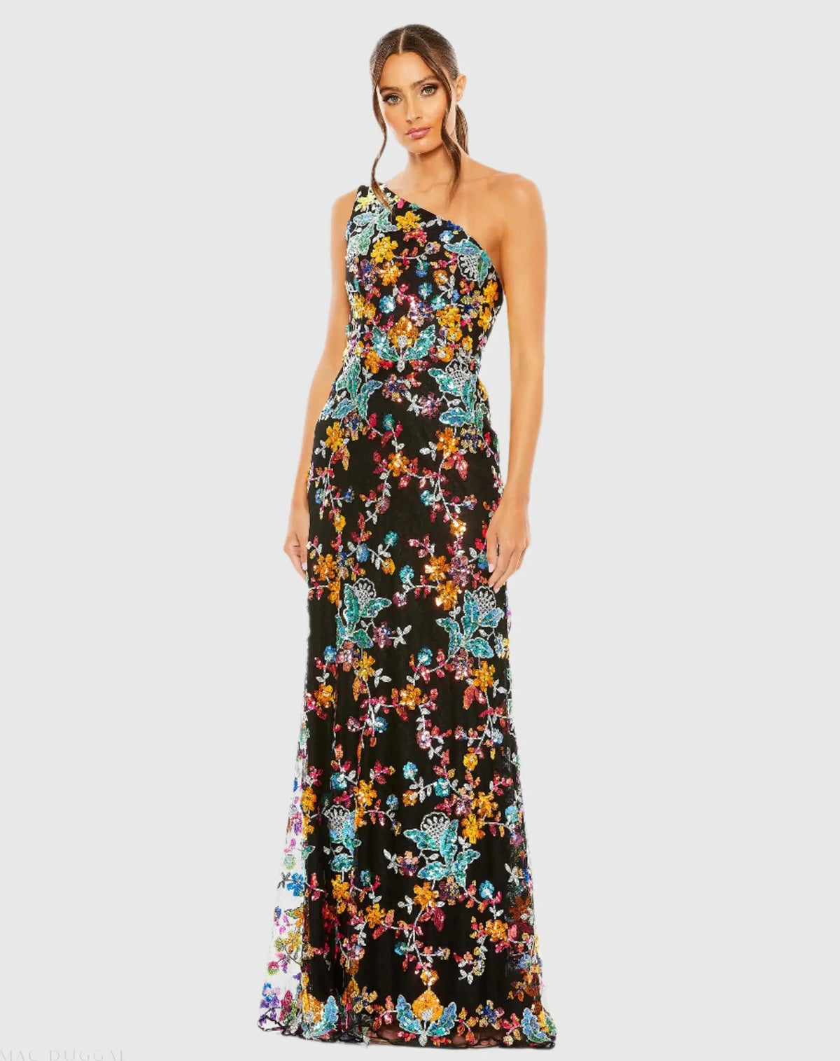 Multicolor One Shoulder Floral Sequin Lace Up Gown