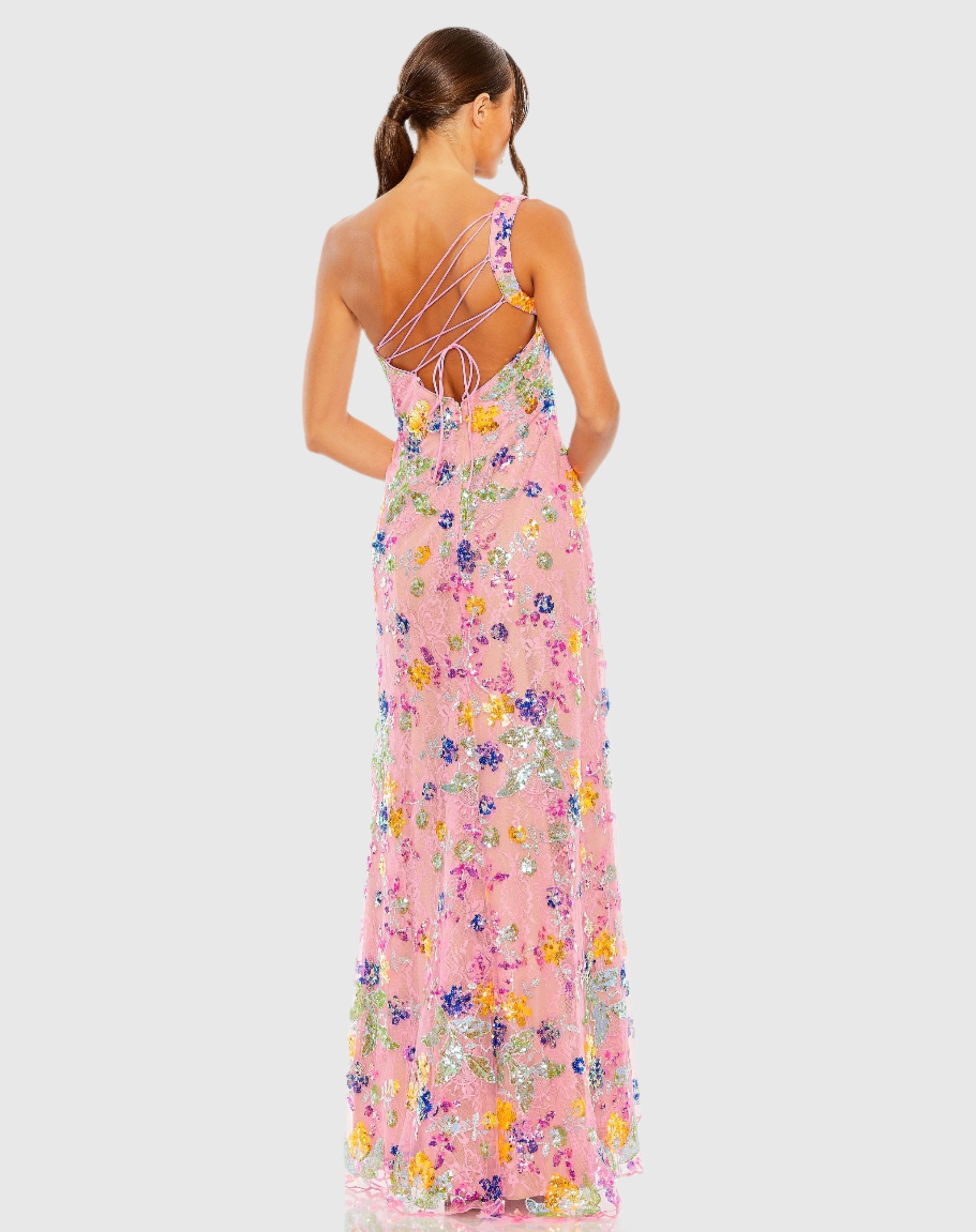 Pink Multicolor One Shoulder Floral Sequin Lace Up Gown