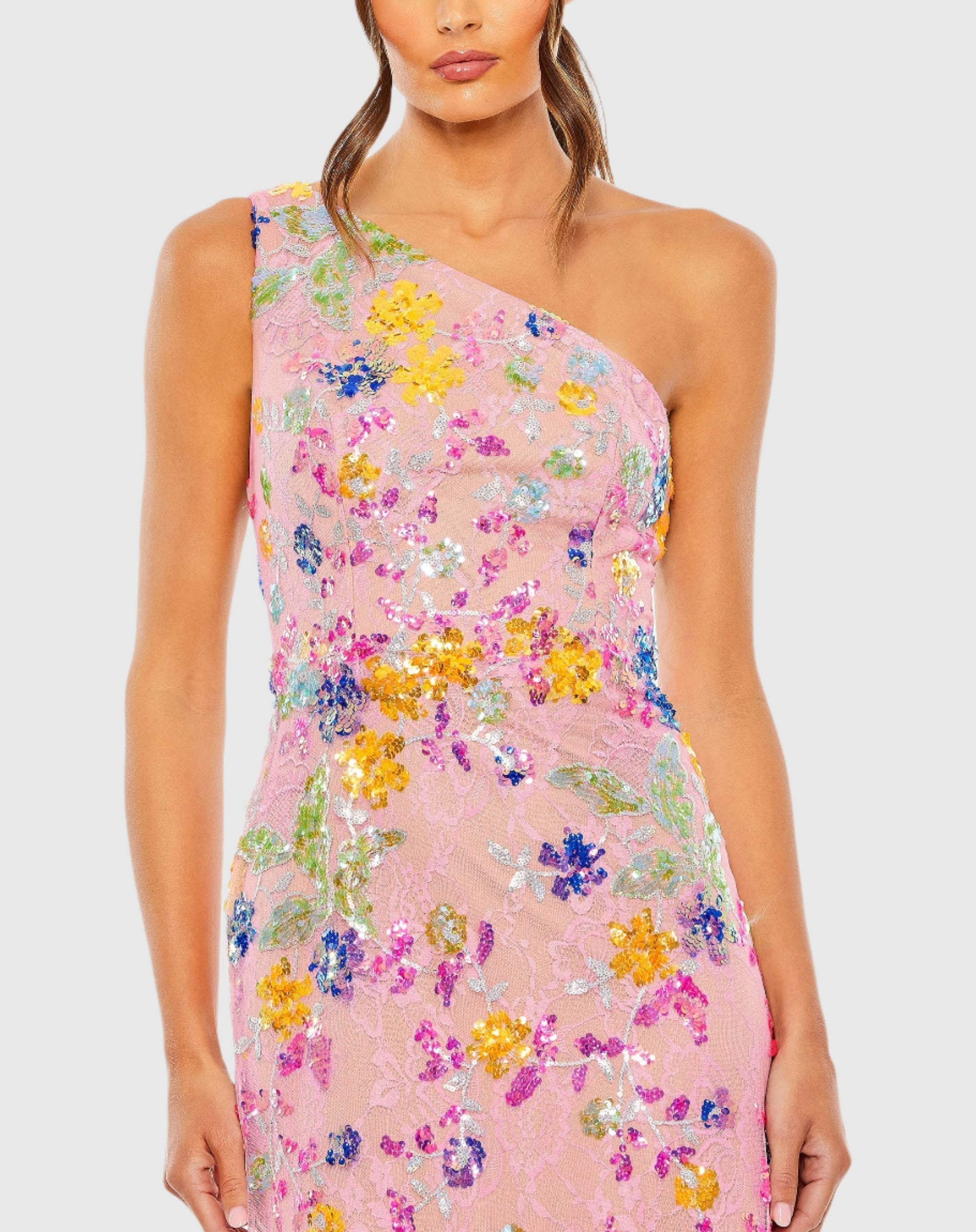 Pink Multicolor One Shoulder Floral Sequin Lace Up Gown