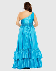 Blue One Shoulder Tiered Ruffle Hem Evening Gown (Plus)