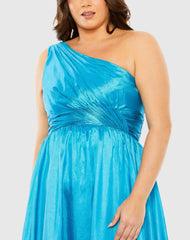 Blue One Shoulder Tiered Ruffle Hem Evening Gown (Plus)