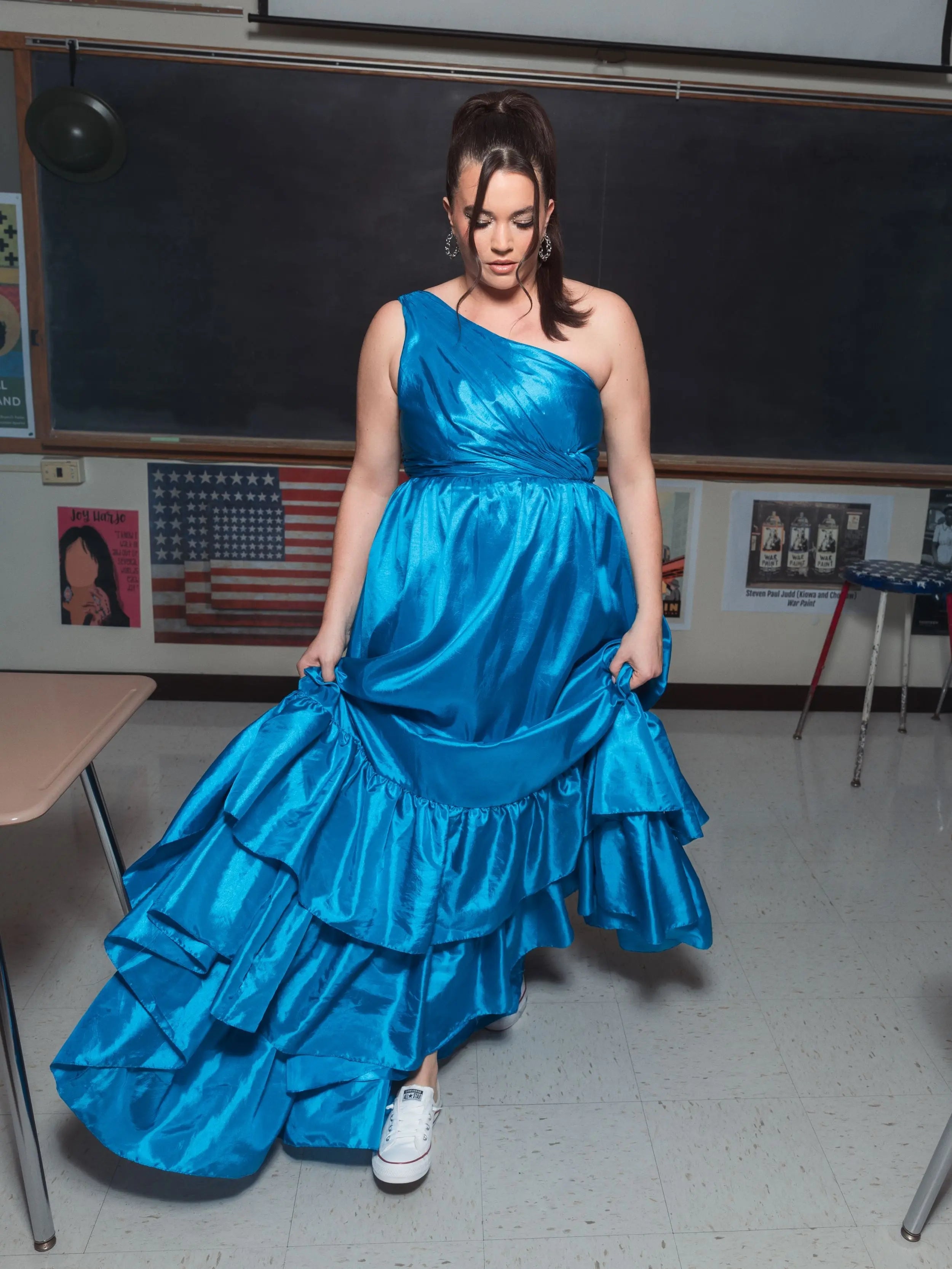 Blue One Shoulder Tiered Ruffle Hem Evening Gown (Plus)