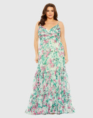 Green Floral Printed Tiered Ruched Gown (Plus)