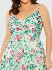 Green Floral Printed Tiered Ruched Gown (Plus)