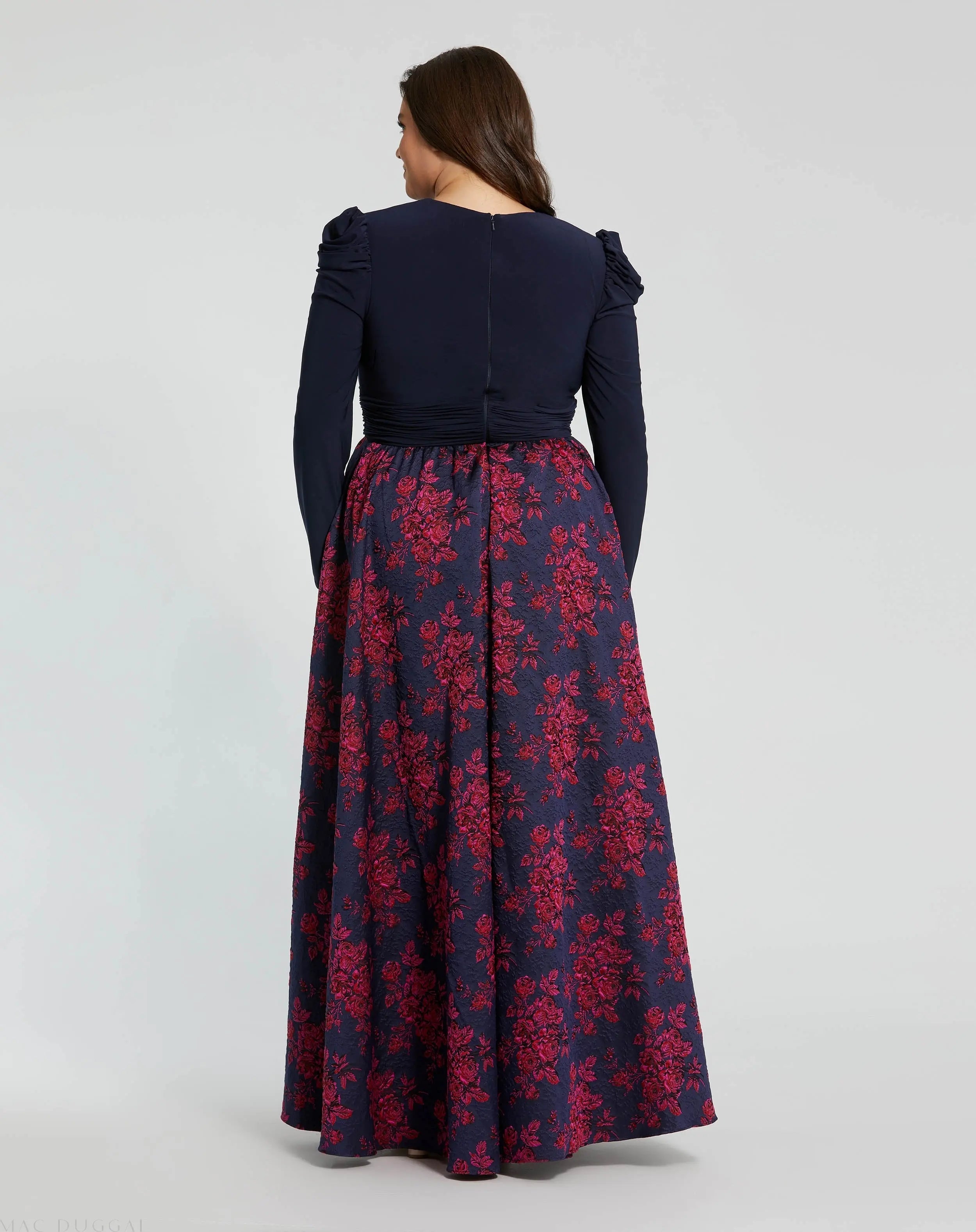 Navy Long Sleeve High Neck Brocade Gown