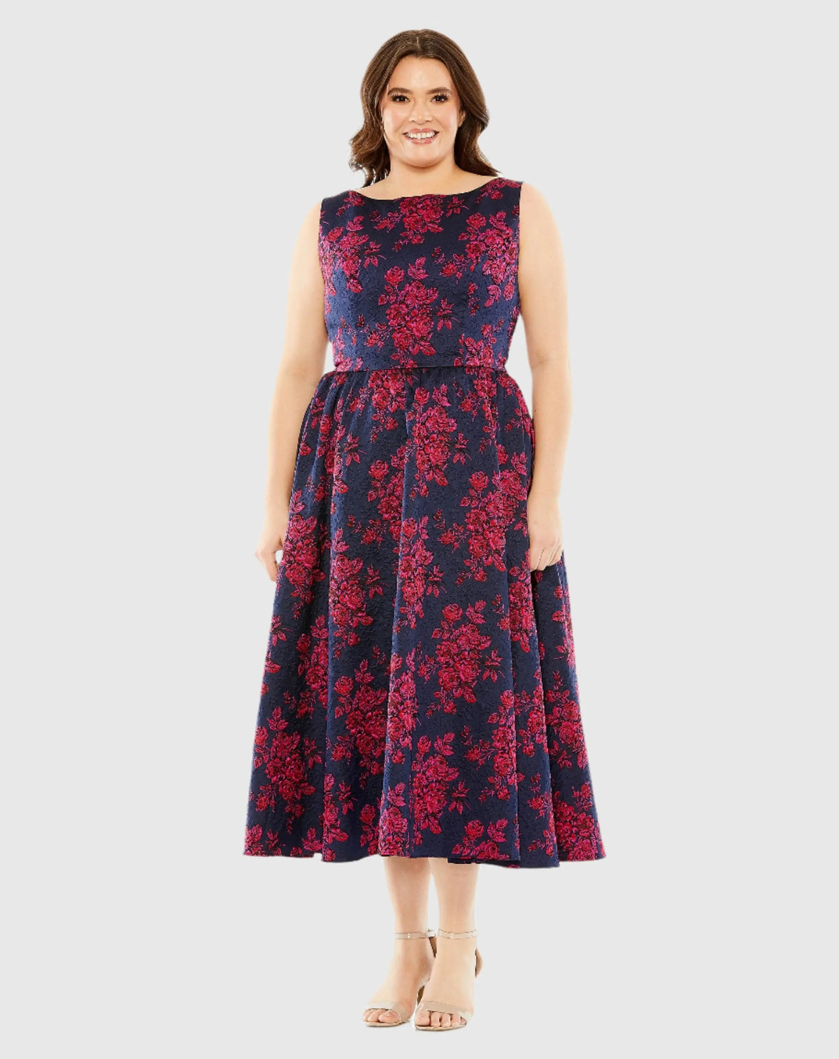 Navy Sleeveless Floral Embroidered Dress (Plus)