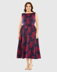 Navy Sleeveless Floral Embroidered Dress (Plus)