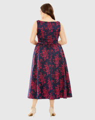 Navy Sleeveless Floral Embroidered Dress (Plus)
