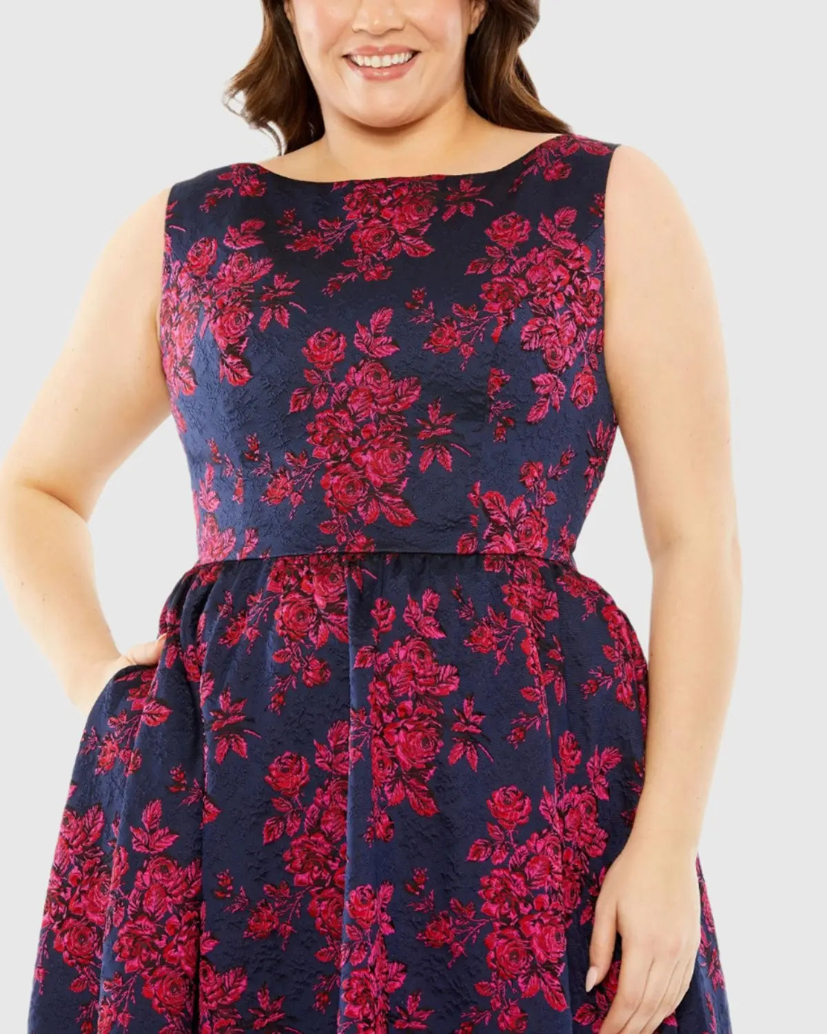Navy Sleeveless Floral Embroidered Dress (Plus)