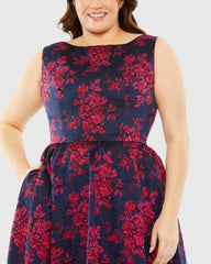 Navy Sleeveless Floral Embroidered Dress (Plus)
