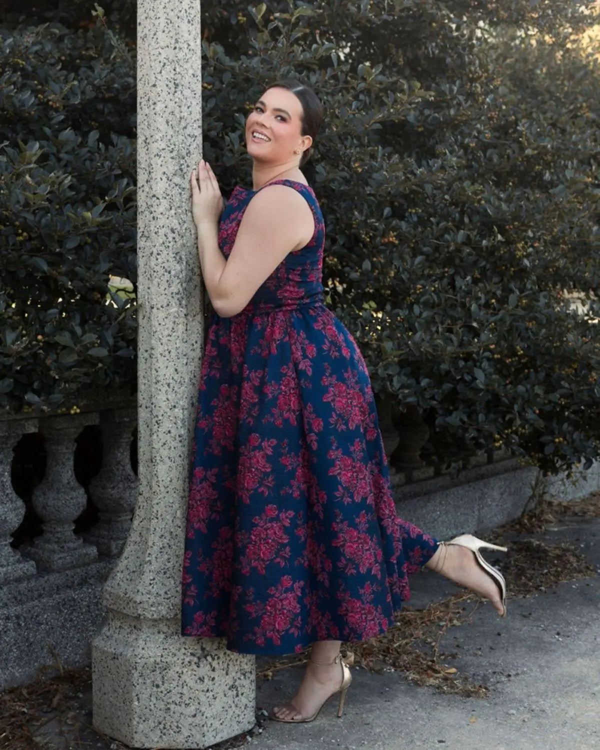 Navy Sleeveless Floral Embroidered Dress (Plus)