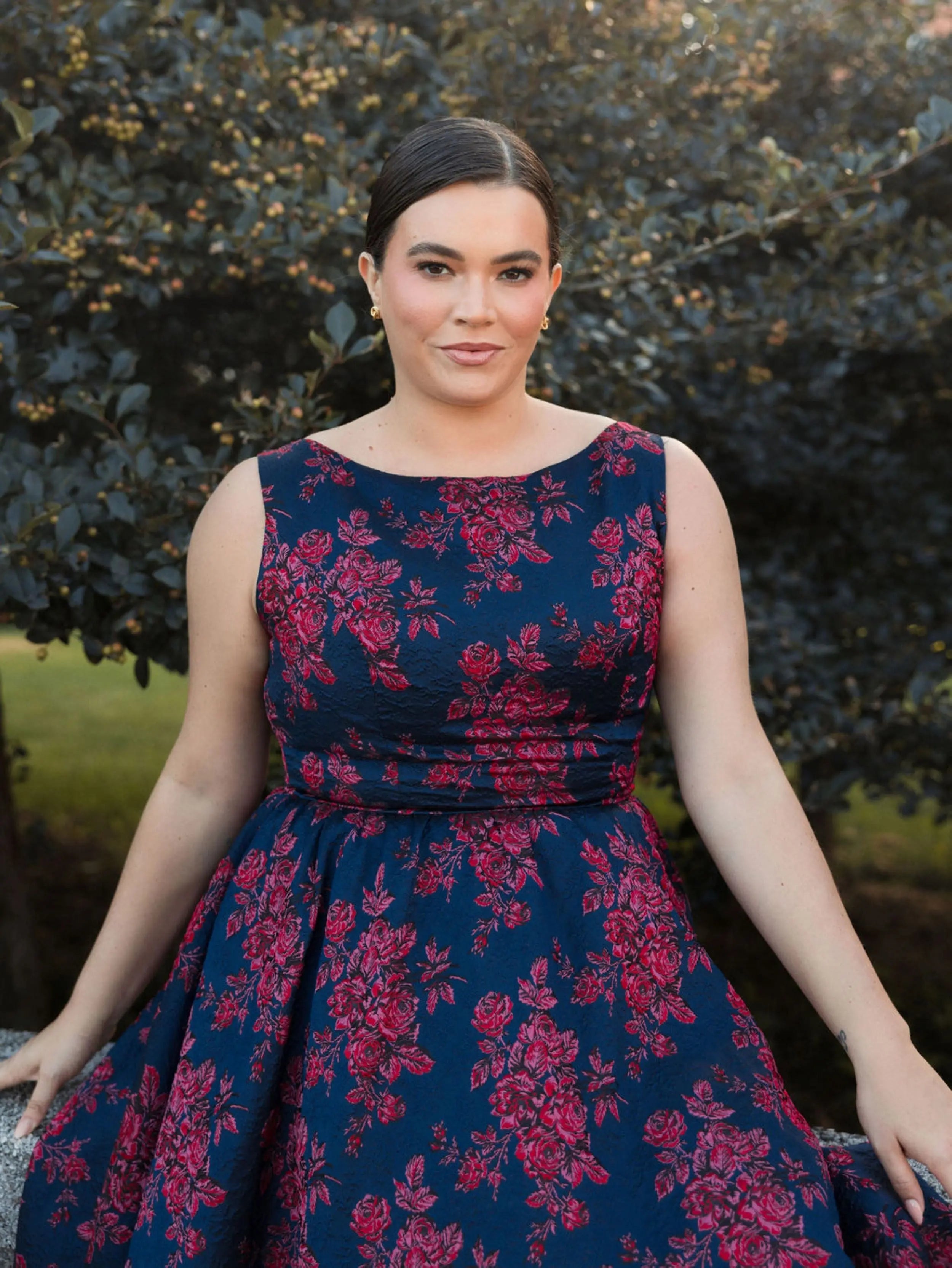 Navy Sleeveless Floral Embroidered Dress (Plus)