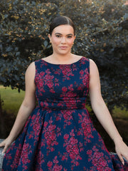 Navy Sleeveless Floral Embroidered Dress (Plus)