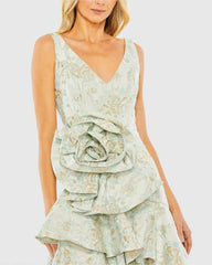 Green Floral Brocade Asymmetrical Hem Dress with Rosette