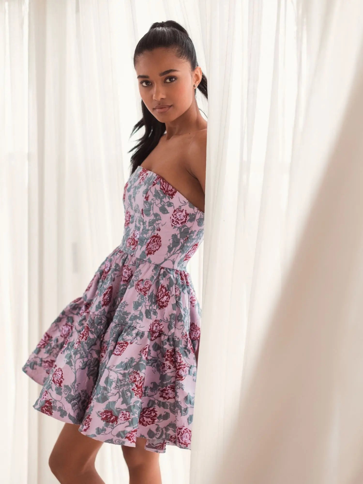 Pink Strapless Brocade Mini Dress