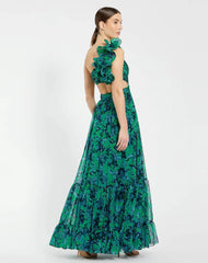 Green One Shoulder Ruffle Tiered Cut-Out Chiffon Gown