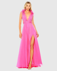 Pink A-Line V Neck Feathered Collar Gown