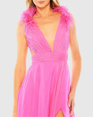 Pink A-Line V Neck Feathered Collar Gown