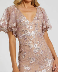 Pink Embellished Lace V Neck Butterfly Sleeve Gown