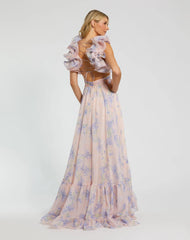 Pink Ruffle Tiered Cut-Out Chiffon Floral Dress