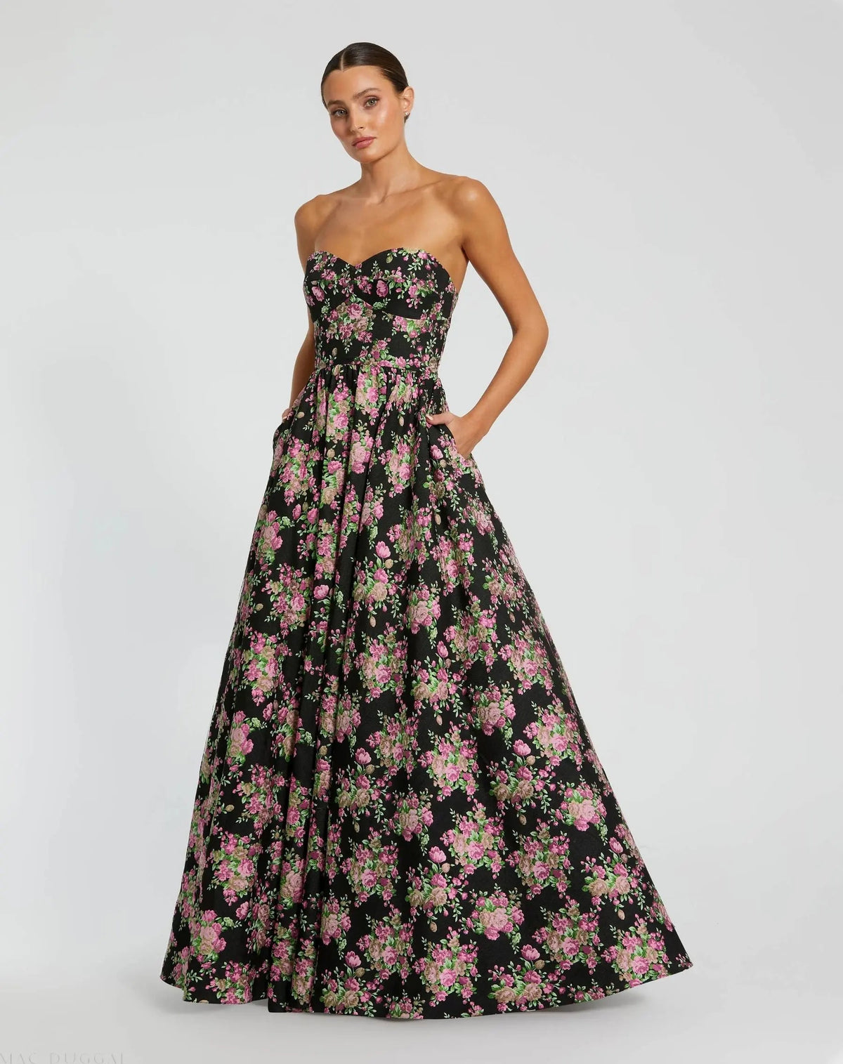 Black Strapless Sweetheart Brocade Floral Ballgown