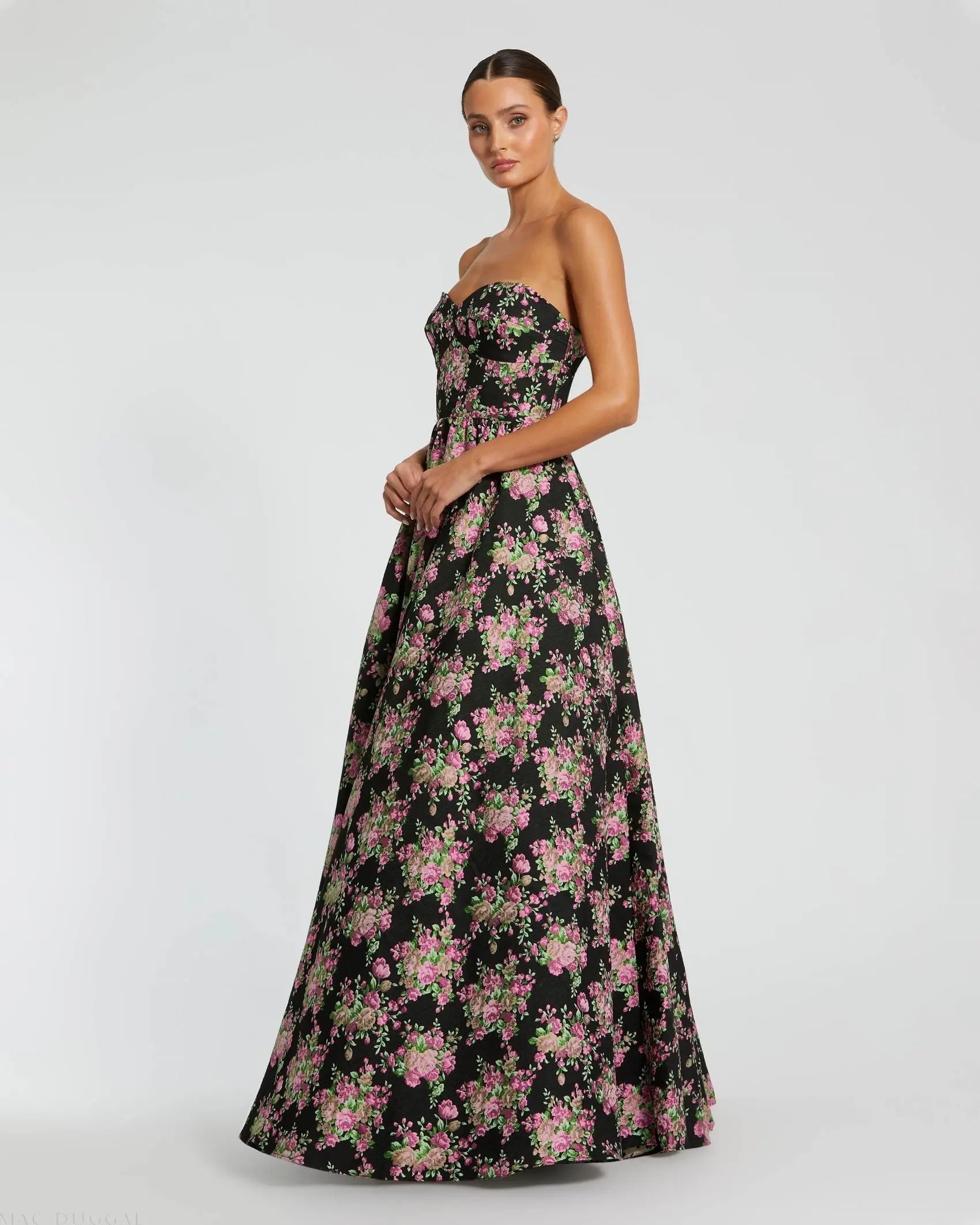 Black Strapless Sweetheart Brocade Floral Ballgown