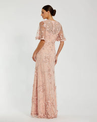 Pink Flutter Sleeve Floral Embroidered Net Gown