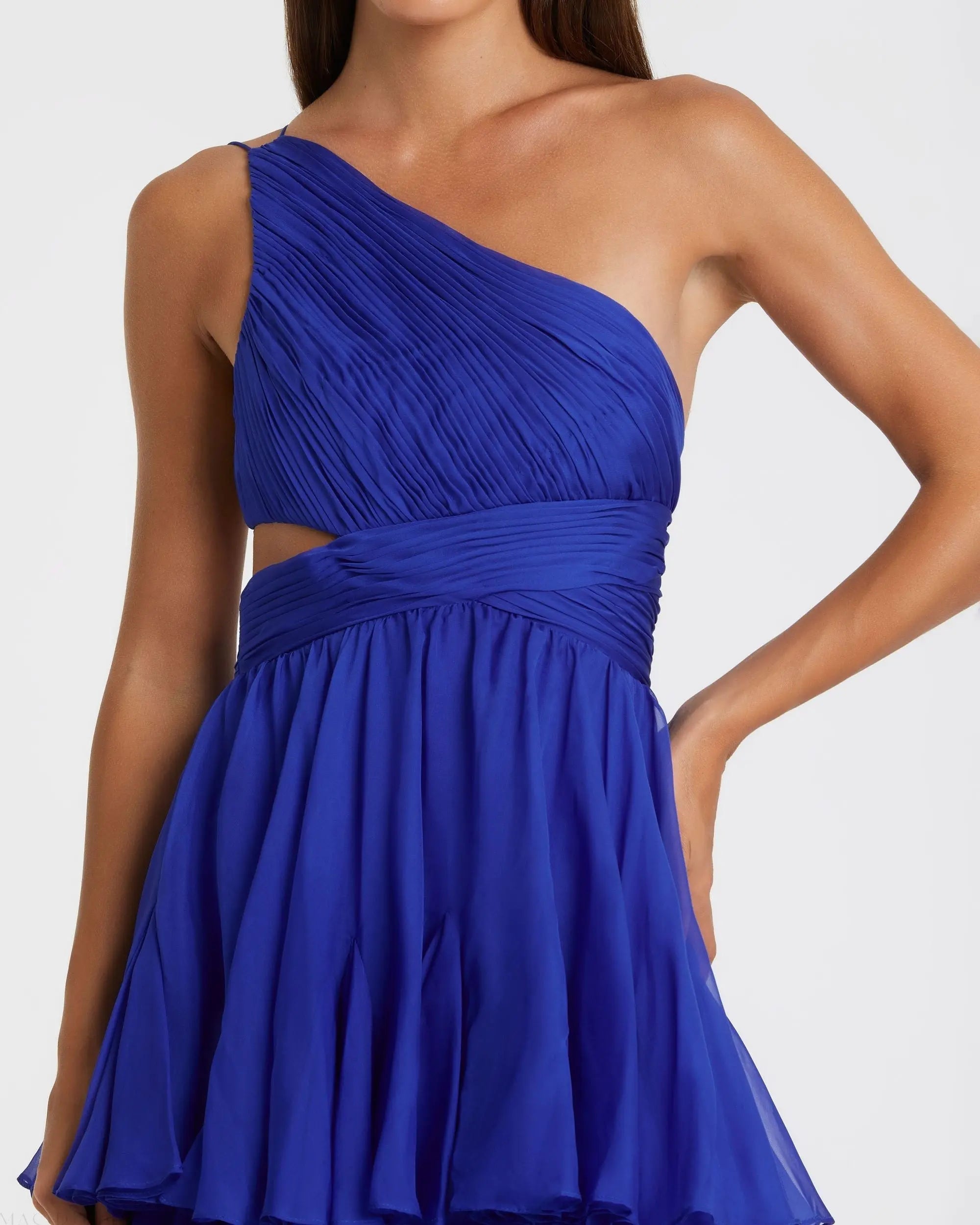 Blue One-Shoulder Tiered A-Line Chiffon Gown