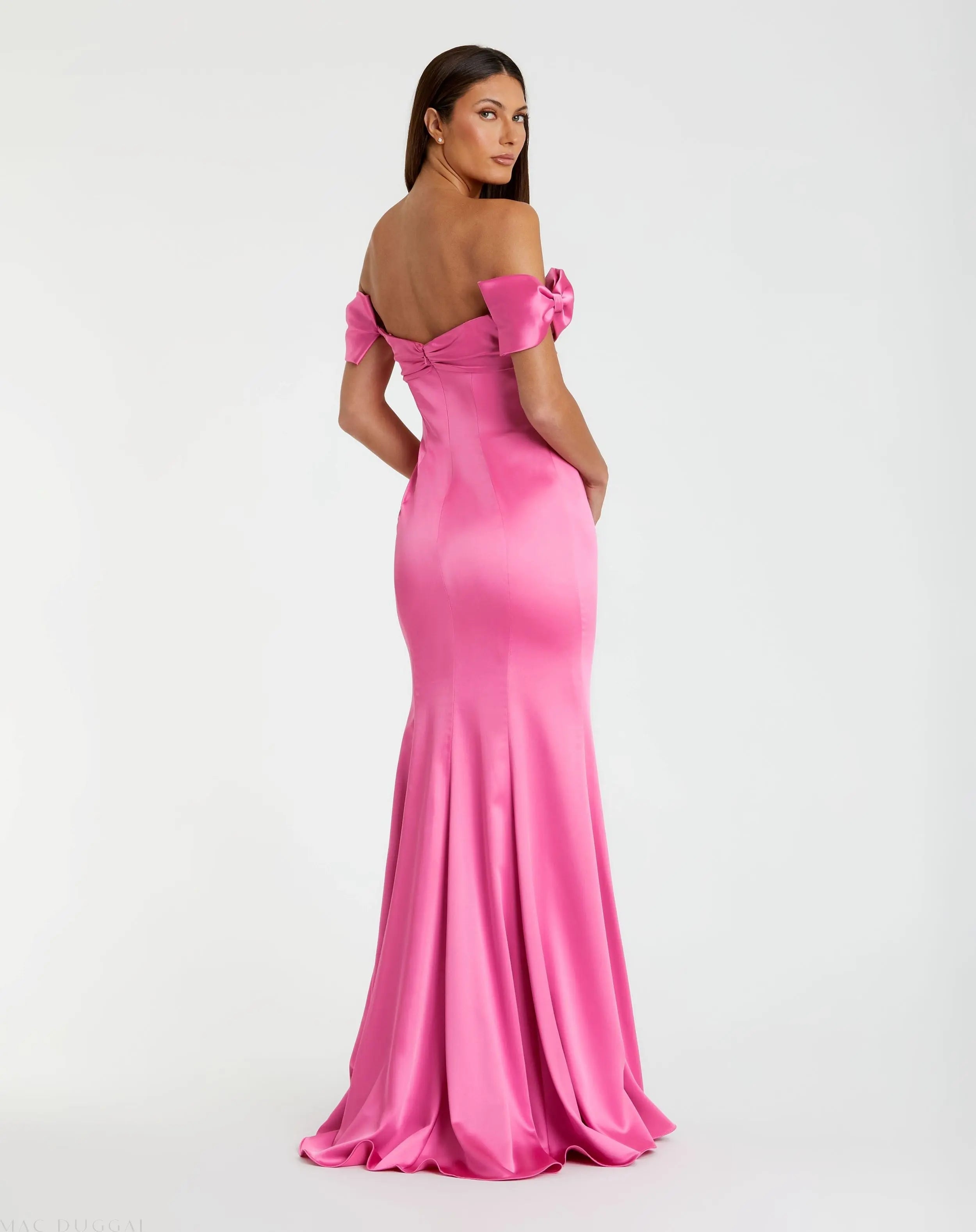Pink Off-the-Shoulder Satin Trumpet Gown with Bows