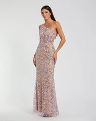 Pink Floral Embellished One Shoulder Column Gown