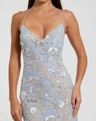 Blue Embroidered Sleeveless Open Back Column Gown