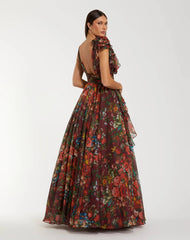 Wine Sleeveless V-Neck Floral Chiffon Ruffle Ball Gown