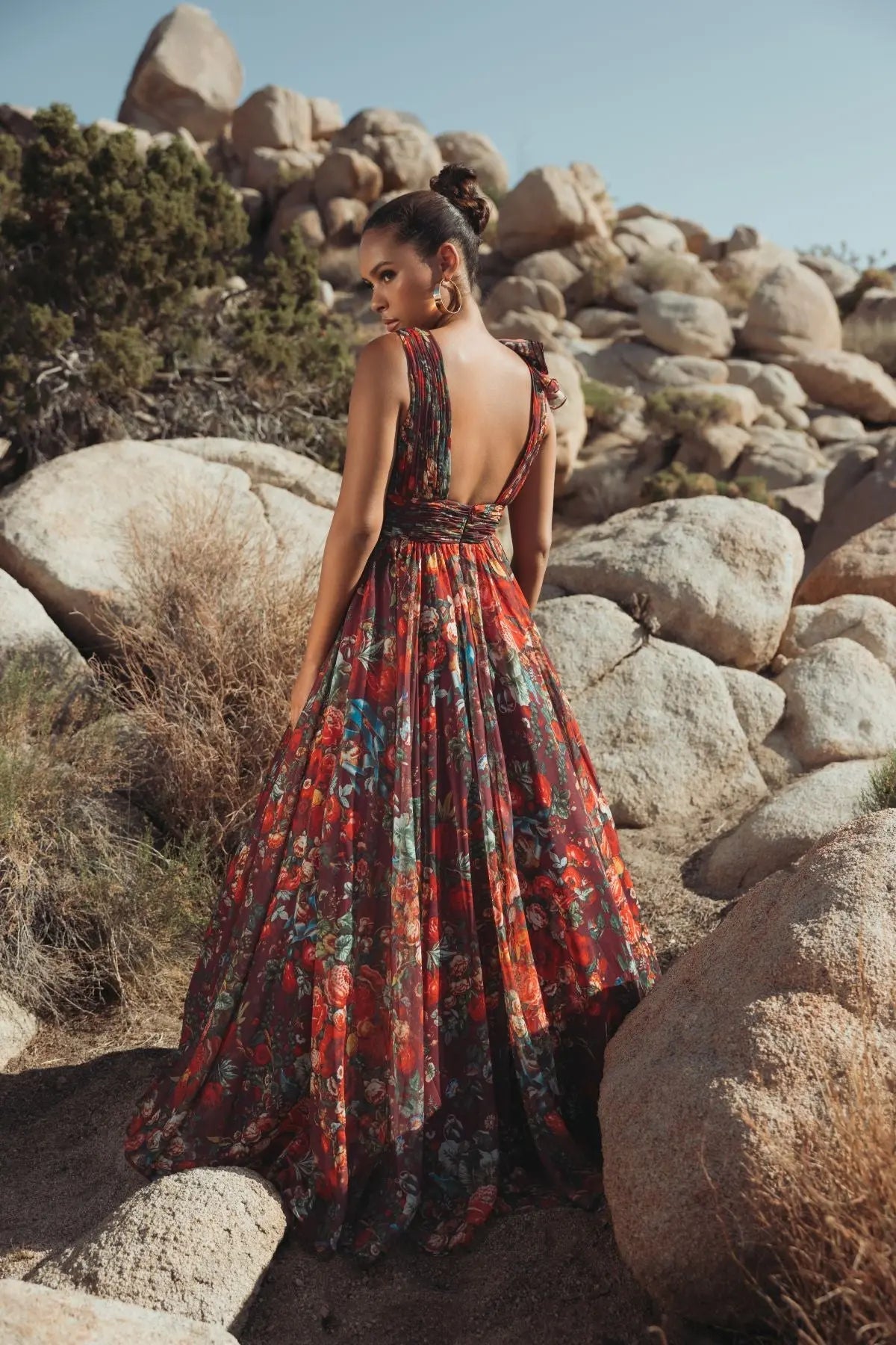 Wine Sleeveless V-Neck Floral Chiffon Ruffle Ball Gown