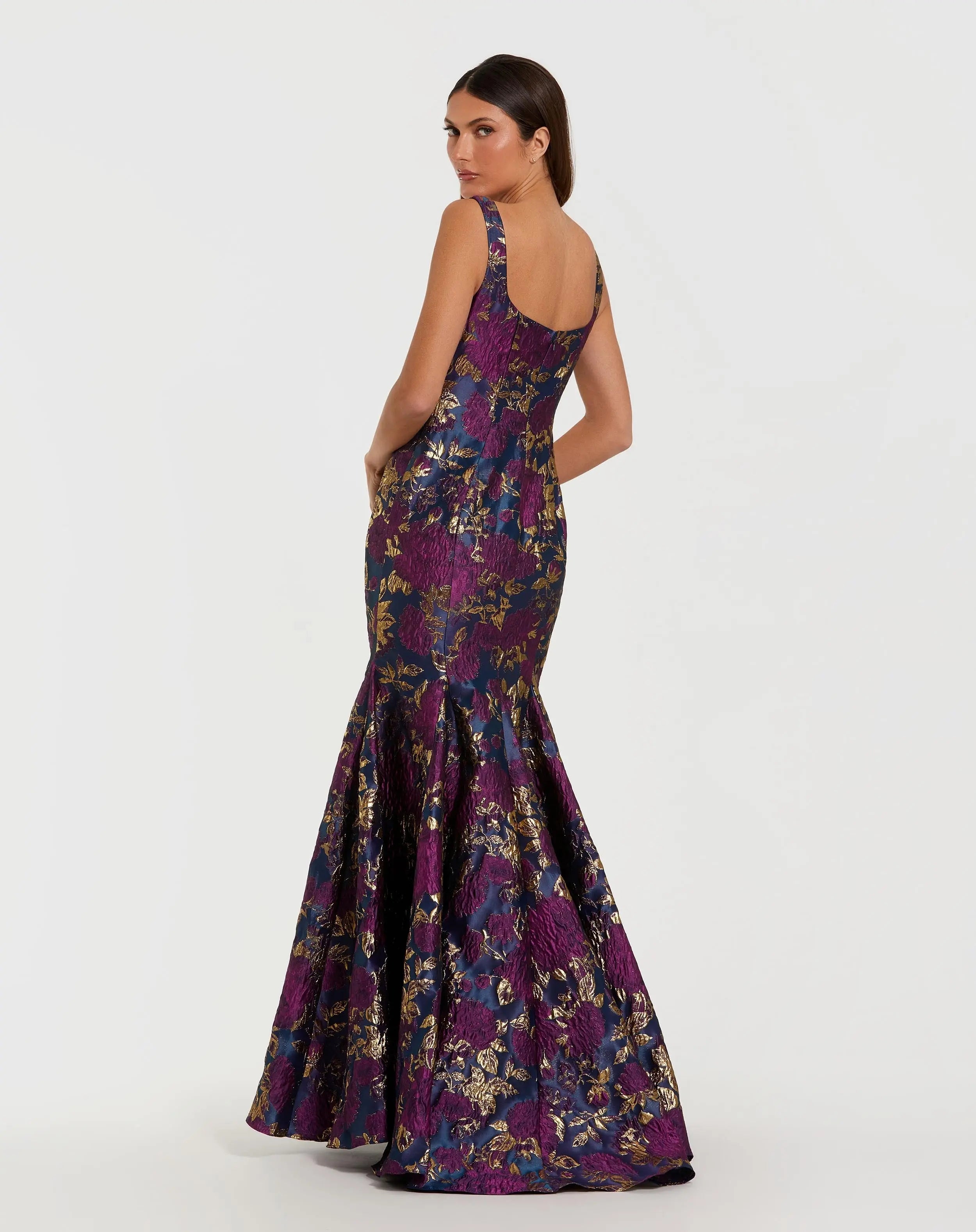 Navy Multicolor Sleeveless Brocade Trumpet Gown