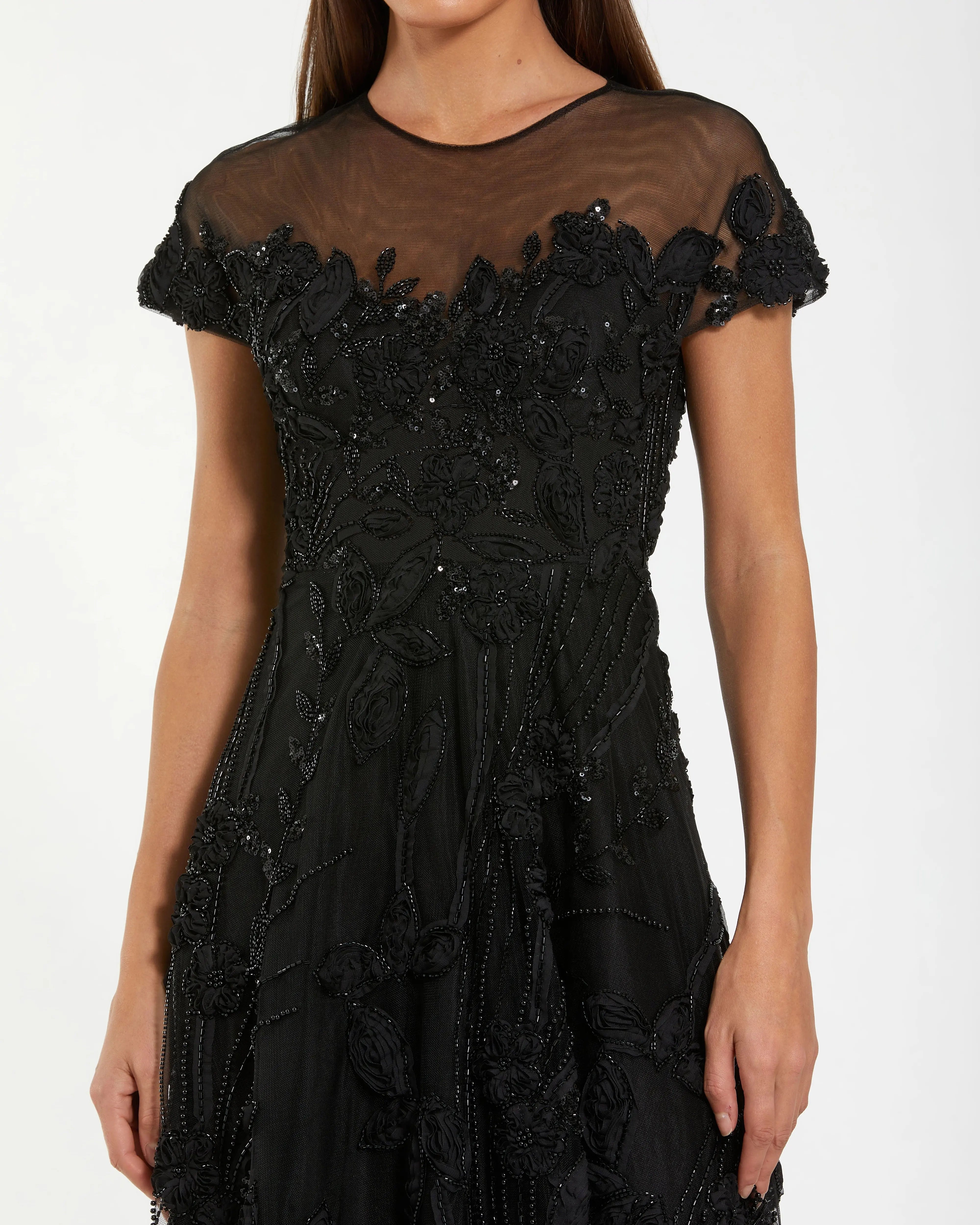 Black Embellished Lace Illusion Neck A-Line Midi Dress