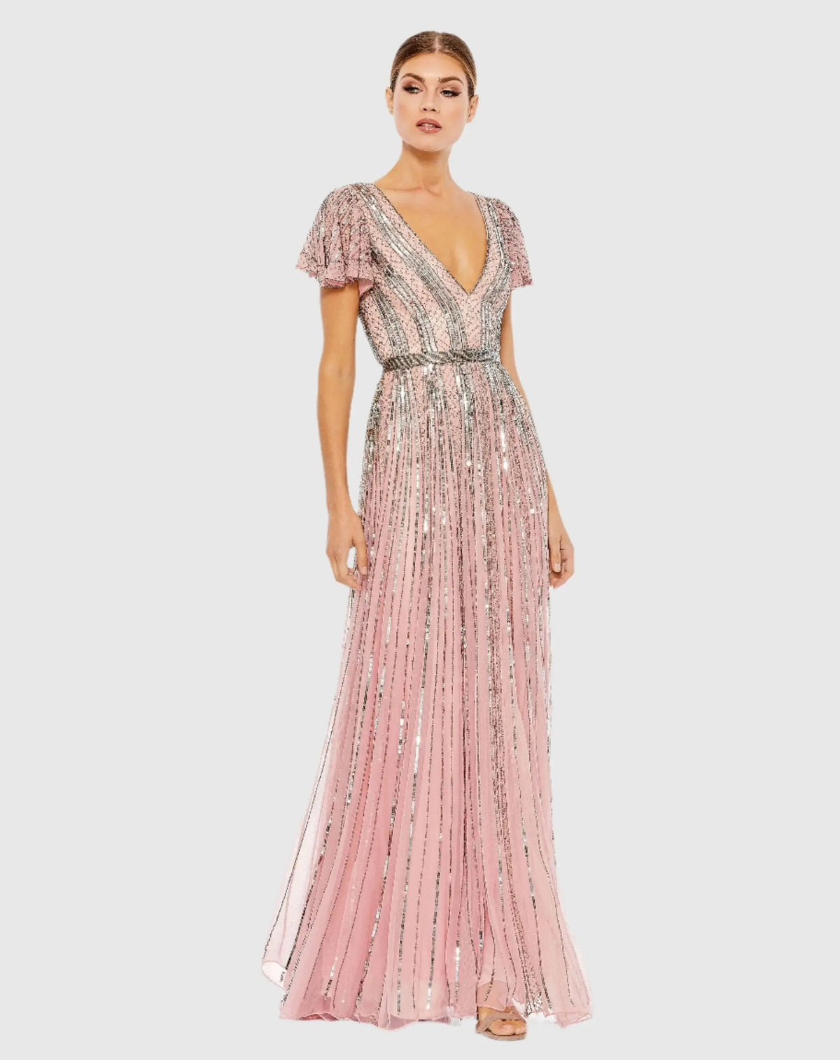 Pink Stripe Sequin V-Neck Gown