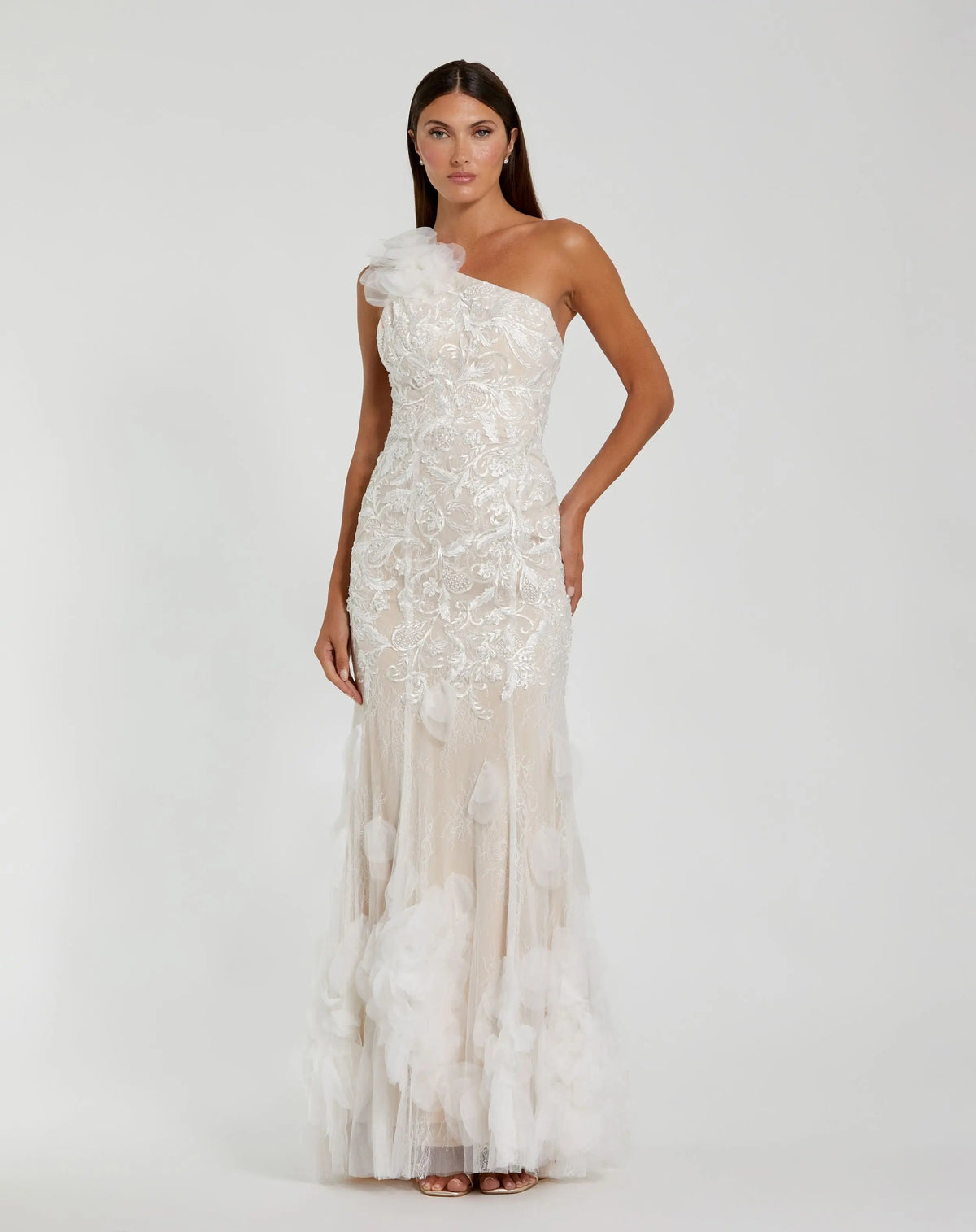 White Beaded Strappy One Shoulder Petal Mermaid Gown