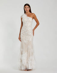White Beaded Strappy One Shoulder Petal Mermaid Gown