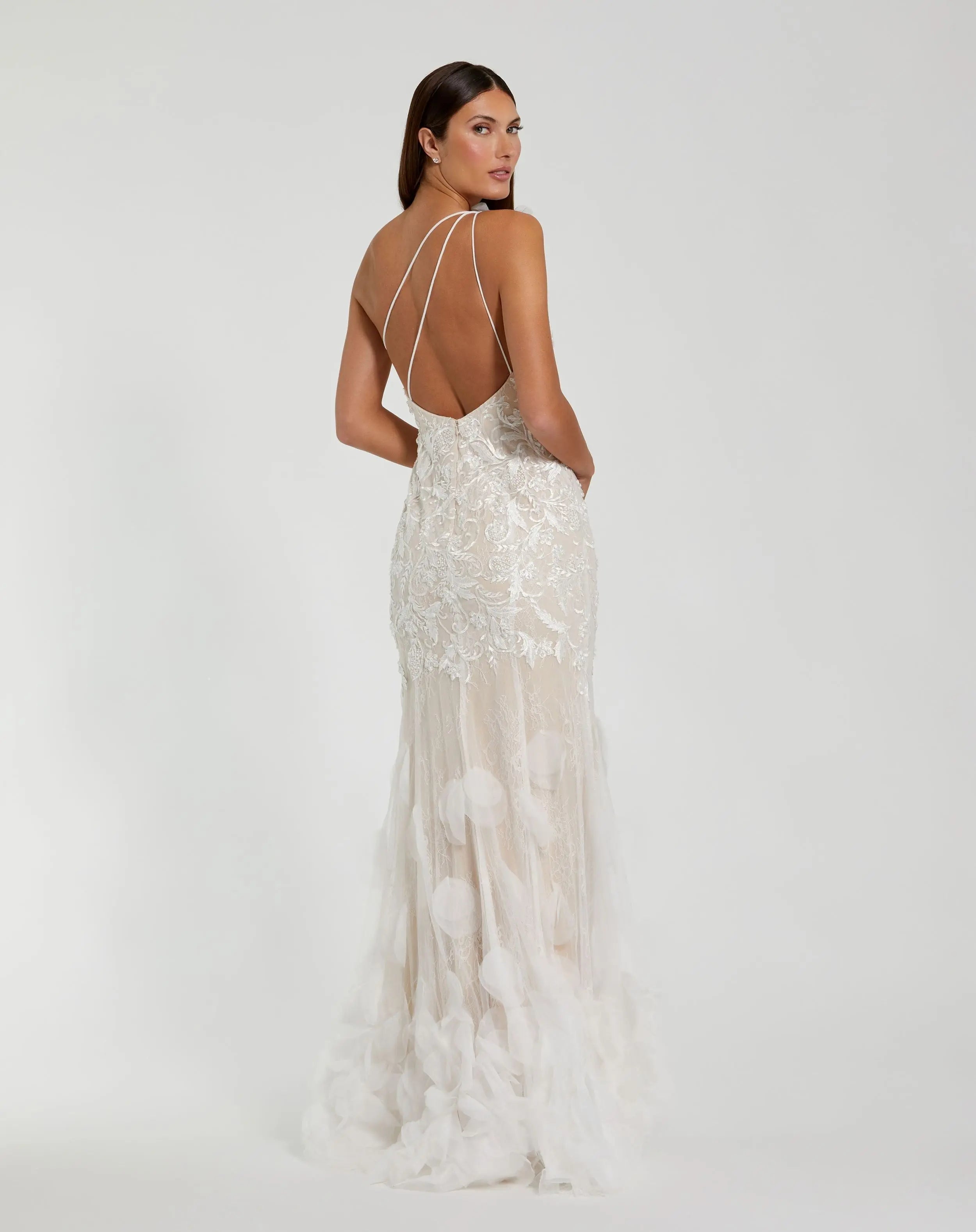 White Beaded Strappy One Shoulder Petal Mermaid Gown