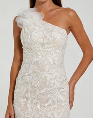 White Beaded Strappy One Shoulder Petal Mermaid Gown