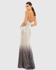 Gray Plunge Neck Ombre Sequin Gown