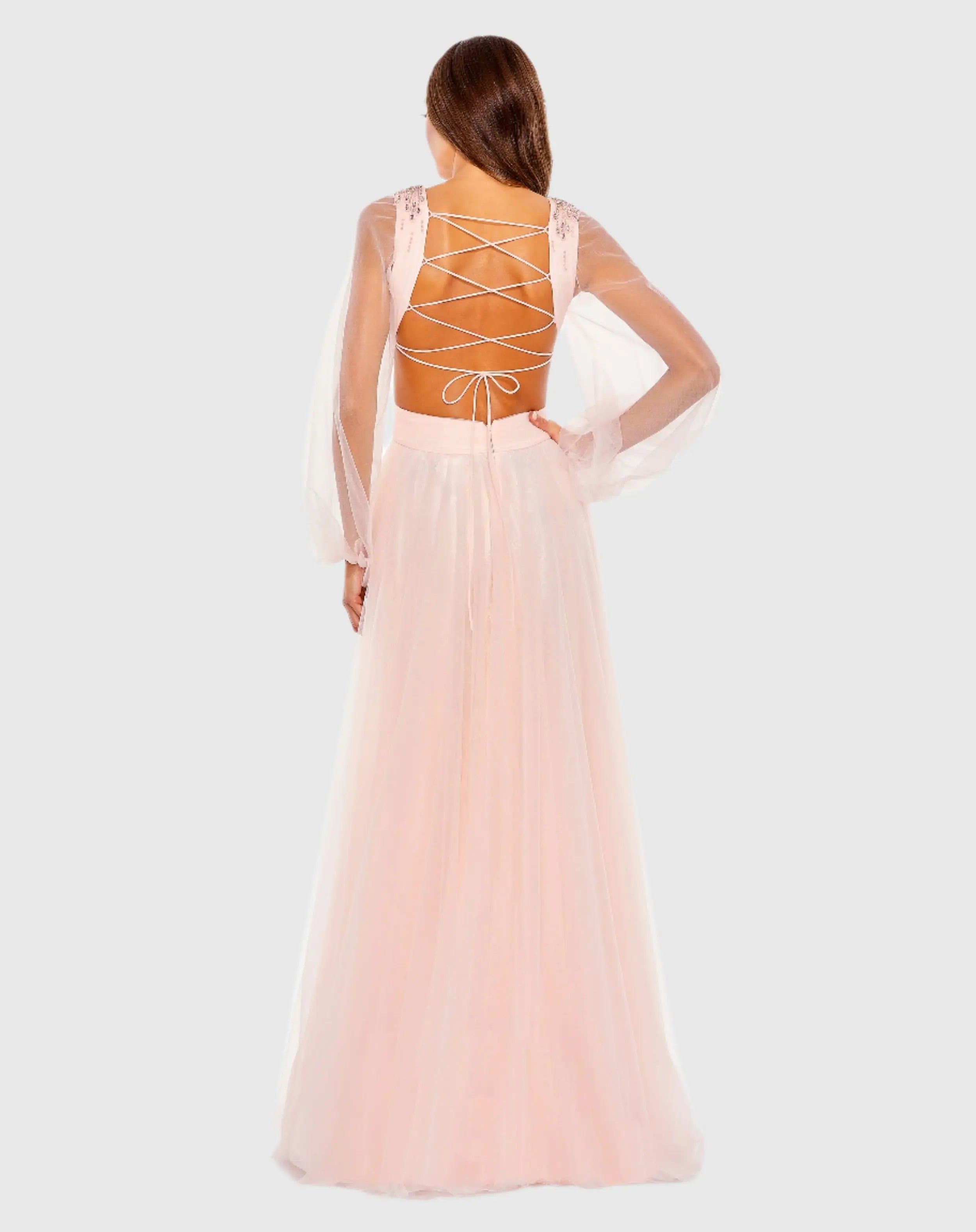 Pink Tulle Sheer Long Sleeve Cut Out Lace Up A Line Gown
