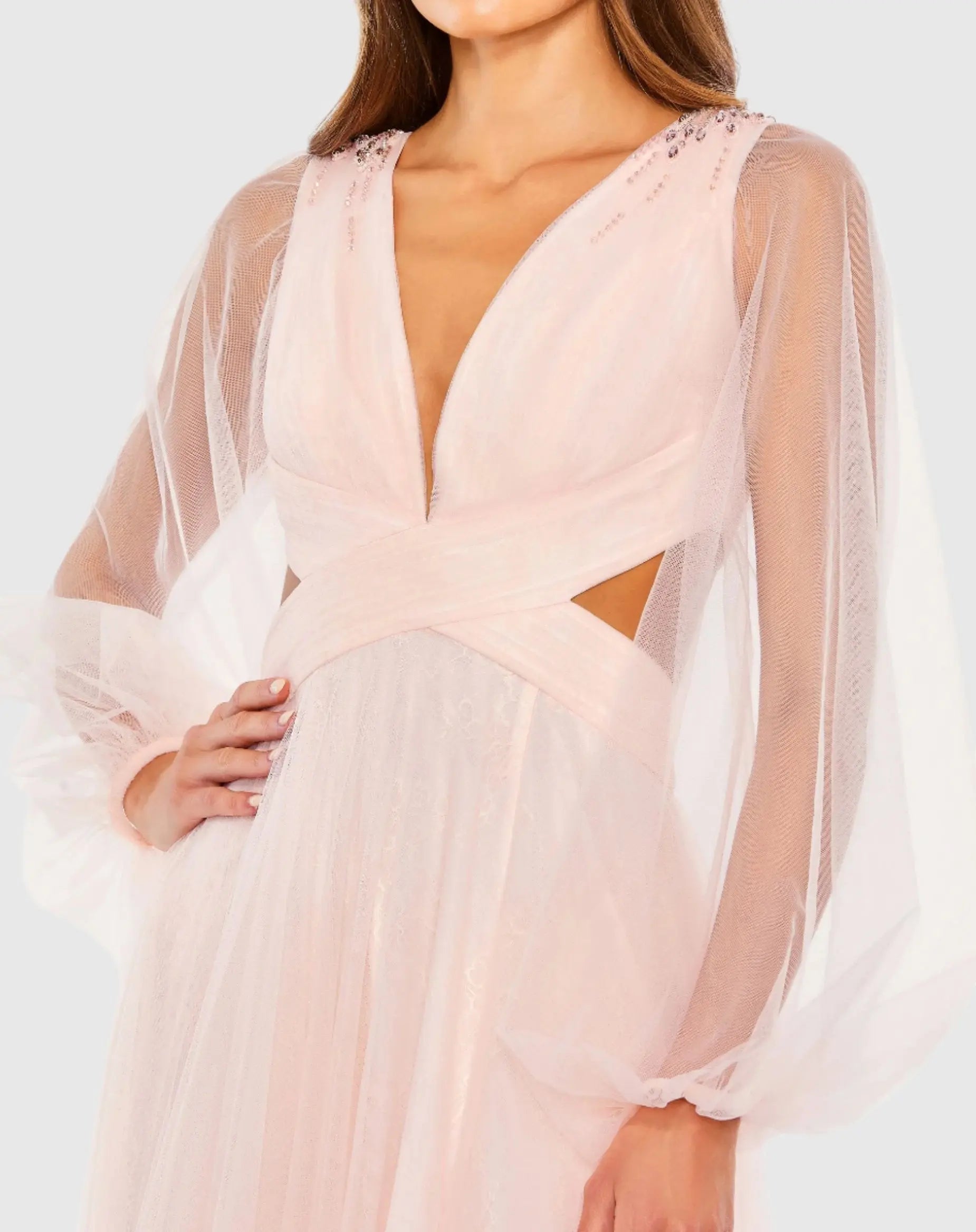 Pink Tulle Sheer Long Sleeve Cut Out Lace Up A Line Gown