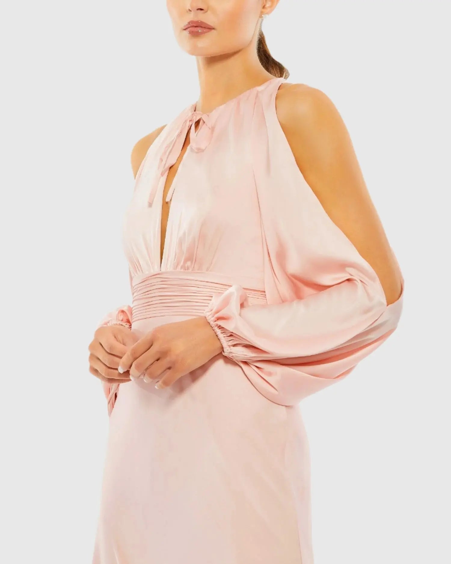 Pink Tied Keyhole Cold Shoulder Bishop Sleeve Gown