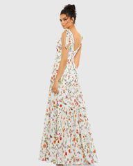 White Floral Print Sleeveless Soft Tie Shoulder Gown
