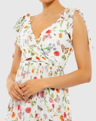 White Floral Print Sleeveless Soft Tie Shoulder Gown